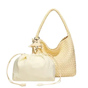 Stylish yellow woven shoulder bag for women, large capacity tote handbag with inner bag.