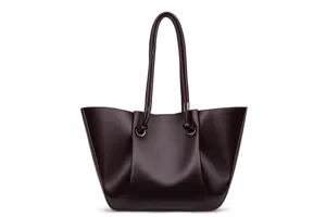 Dark brown large capacity tote shoulder bag detail showing premium leather texture and pleated design.