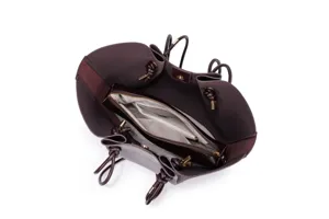 Large capacity brown leather tote bag with interior zipper pouch and stylish knotted drawstring straps.