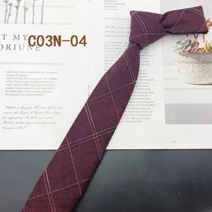 Men's wine red plaid necktie vintage narrow casual business tie for modern stylish daily wear.