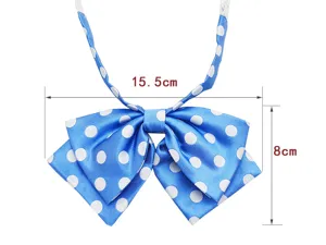 Blue polka dot JK uniform bow tie detail showing product size dimensions for daily wear.