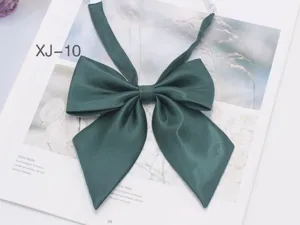 Korean style dark green satin sharp corner bow tie for JK uniform accessory detail view.