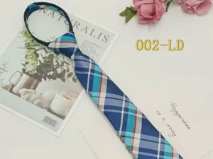 Blue plaid zipper necktie for daily wear, pre-tied lazy tie, stylish student uniform accessory.