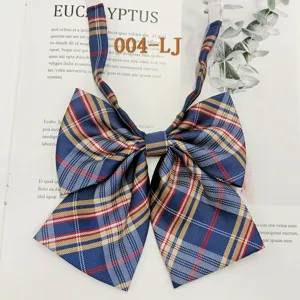 Blue plaid JK uniform bow tie detail, preppy style student ribbon collar accessory with double layer.