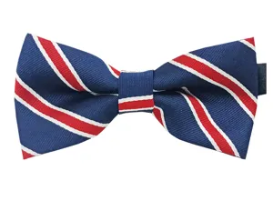 Classic striped men's bow tie detail shot, showing textured fabric and diagonal pattern.
