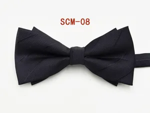 Detail shot of the black double-layer bow tie, classic solid color formal neckwear for men.
