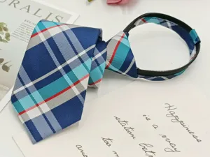 Blue plaid zipper necktie detail, pre-tied design, stylish college style accessory.