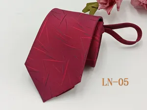 Detail view of a wine red men's zipper tie with abstract stripe pattern for business wear.
