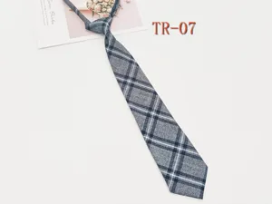 Plaid JK uniform tie, grey pre-tied school style necktie for women and daily campus wear.