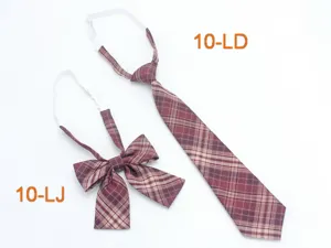Japanese style JK uniform plaid necktie and pre-tied bow set, brown school accessories detail.