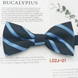 Detail view of the black and blue striped bow tie, classic jacquard fabric, fine craftsmanship.