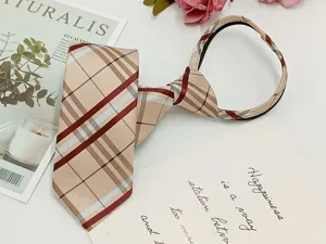 Classic plaid zipper tie for men and women, pre-tied lazy necktie, school uniform fashion.