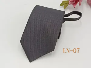 Close-up of dark grey textured zipper tie, featuring neat woven twill detail and convenient design.