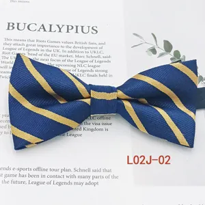 Detail view of a classic blue and yellow striped business casual men's fabric bow tie.