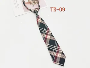 Detailed view of a classic plaid JK uniform necktie, featuring neat stitching and fabric.