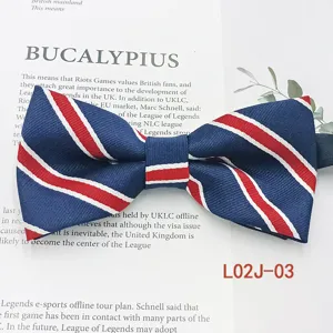 Men's business casual striped bow tie, polyester yarn dyed jacquard, blue red white.