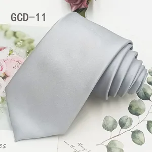 Silver gray solid color necktie, high density woven polyester, business formal wear style.