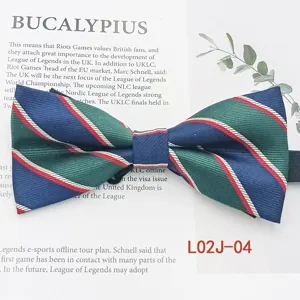 Mens business casual striped bow tie, polyester yarn-dyed jacquard blue green bowknot.