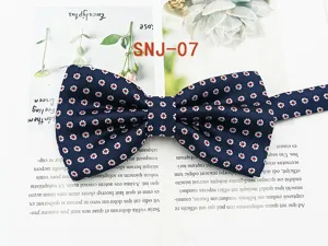 Detail shot of classic men's navy blue bow tie with red white geometric floral pattern.