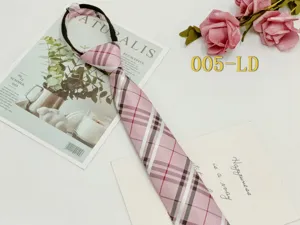 Unisex pre-tied pink plaid zipper necktie, stylish pre-tied lazy tie for school uniform.