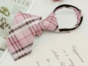 Stylish pink plaid zipper tie for men and women, narrow college style pre-tied lazy accessory.