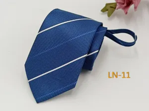 Men's blue diagonal striped zipper necktie professional business suit accessory 7cm width detail view
