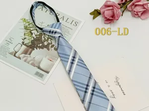 Unisex blue plaid zipper necktie, pre-tied lazy tie for school uniform and daily fashion.