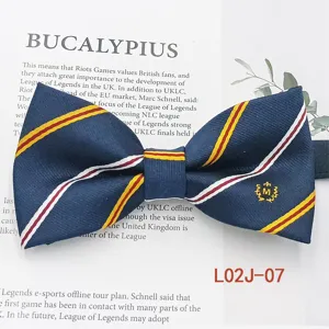 Men's business casual striped bow tie, classic polyester jacquard fabric detail view.