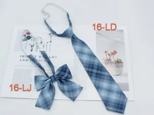 Japanese JK uniform blue plaid necktie and bow set, detailed view of student style accessories.