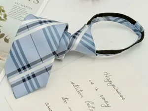 Blue plaid zipper tie for school uniform unisex narrow pre-tied lazy necktie stylish