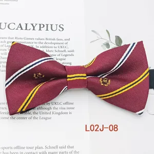 Burgundy striped bow tie detail, classic men business casual polyester jacquard accessory.