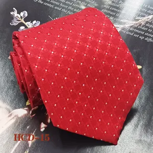 Red jacquard men's necktie detailed view, elegant wedding business polyester fabric style.