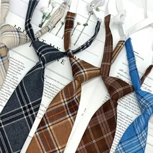 Women's JK uniform plaid tie, TR blended fabric, pre-tied lazy design with adjustable strap.