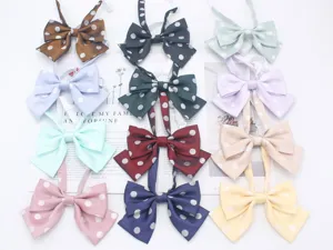 Closeup of multi-color polka dot bow tie JK uniform collar flower exquisite detail display