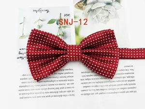 Close-up detail of a classic red and white polka dot men's bow tie for formal suit wear.