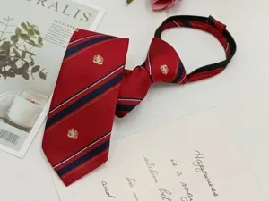 Preppy style red and blue striped zipper necktie with gold crest, easy lazy uniform tie.