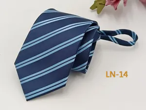Men's striped zipper tie professional business navy blue necktie with light blue stripes