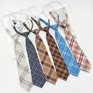 Women pre-tied JK plaid necktie, Korean style uniform lazy school tie for daily fashion outfit.
