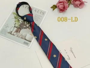 Unisex pre-tied zipper narrow necktie with red stripe and crest design for students.