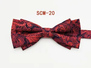 Detailed close-up of red and navy paisley patterned double bow tie, elegant formal accessory.