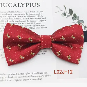 Red jacquard men's bow tie with golden polka dots and cute bear pattern for business wear.