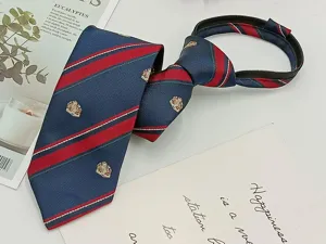 Pre-tied zipper necktie, navy blue red green stripes with gold embroidery student style.