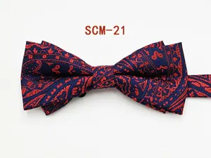 Men's red blue paisley bow tie double layered formal business necktie party style