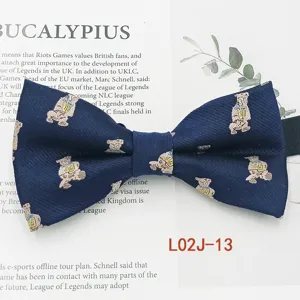 Men's navy blue woven bow tie featuring a cute bear pattern, stylish business casual accessory.