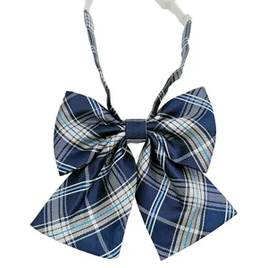 Blue plaid JK uniform bow tie for women, classic college style bow collar for daily wear.