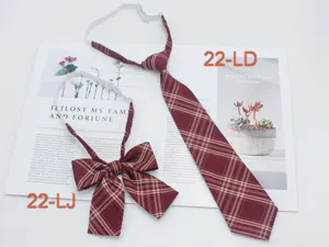 JK uniform wine red plaid tie and bow tie set, classic school style accessory detail view.