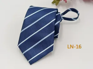 Men's Navy Blue Striped Zipper Necktie Business Formal Wear Easy Pull Neck Tie 7cm