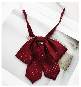 Japanese style polka dot bow tie for women, cute wine red JK collar ribbon accessory.