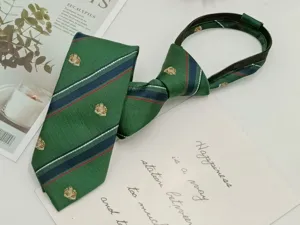Pre-tied zipper necktie green striped school uniform tie narrow lazy neckwear for daily wear