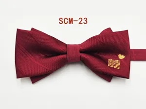 Men's Burgundy Bow Tie Formal Wedding Groom Double Happiness Embroidery Classic Bowtie